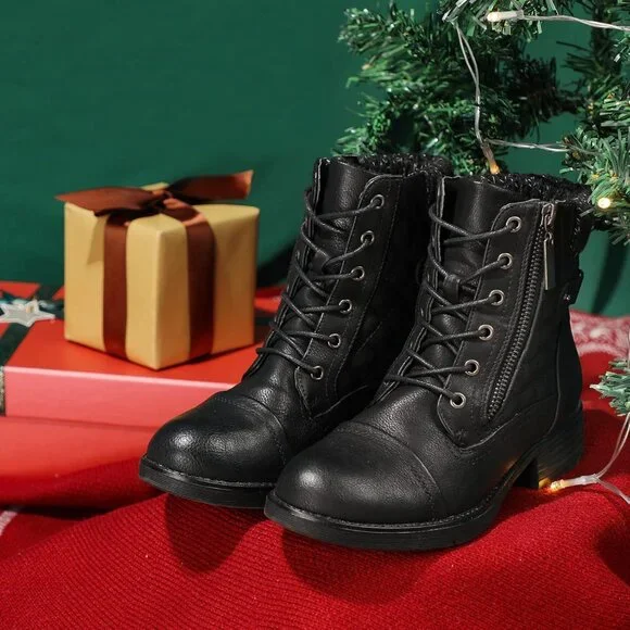 Women's Vegan Faux Leather Combat Booties Ankle Lace Up Rubber Sole